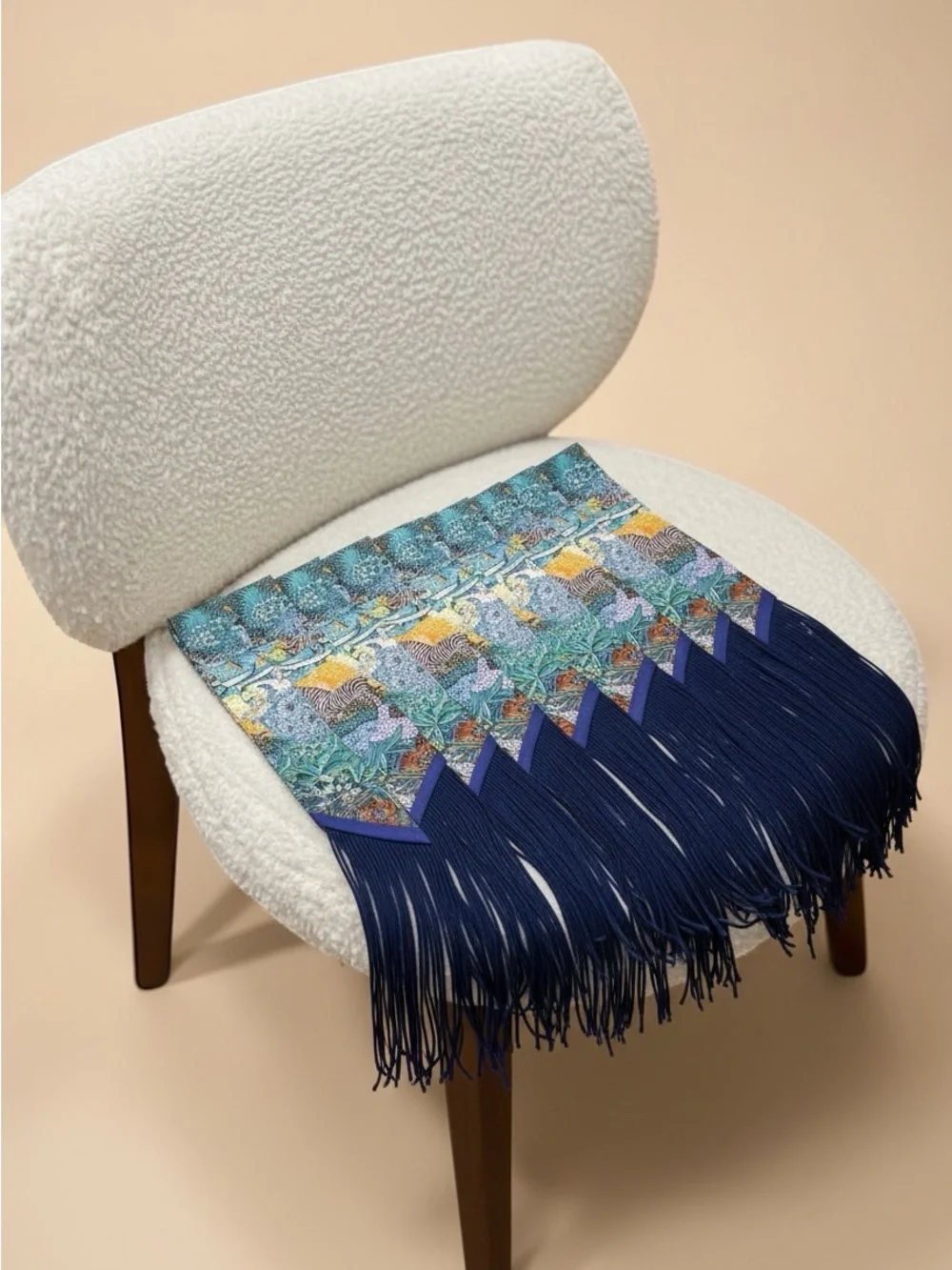 Navy Fringe Zebra Botanical Handbag Wrap Scarf | Luxury Purse Handle Accessory